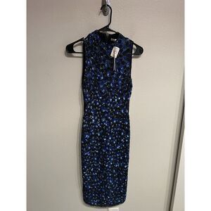 Alice + Olivia Stacey Bendet Sequin Dress Cobalt Blue Black Midi Sheath Size 2